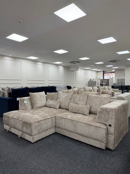 Brooklyn Light Beige left-hand electric storage sofa bed, angled showroom view