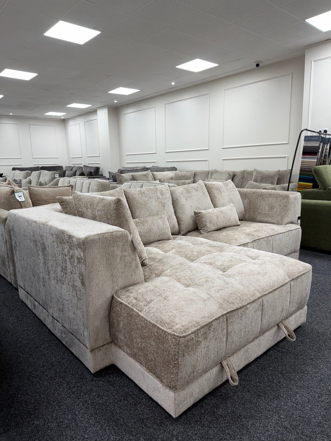 Brooklyn Light Beige left-hand electric storage sofa bed, chaise and side view