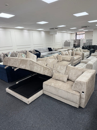 Brooklyn Light Beige left-hand electric storage sofa bed, open storage compartment