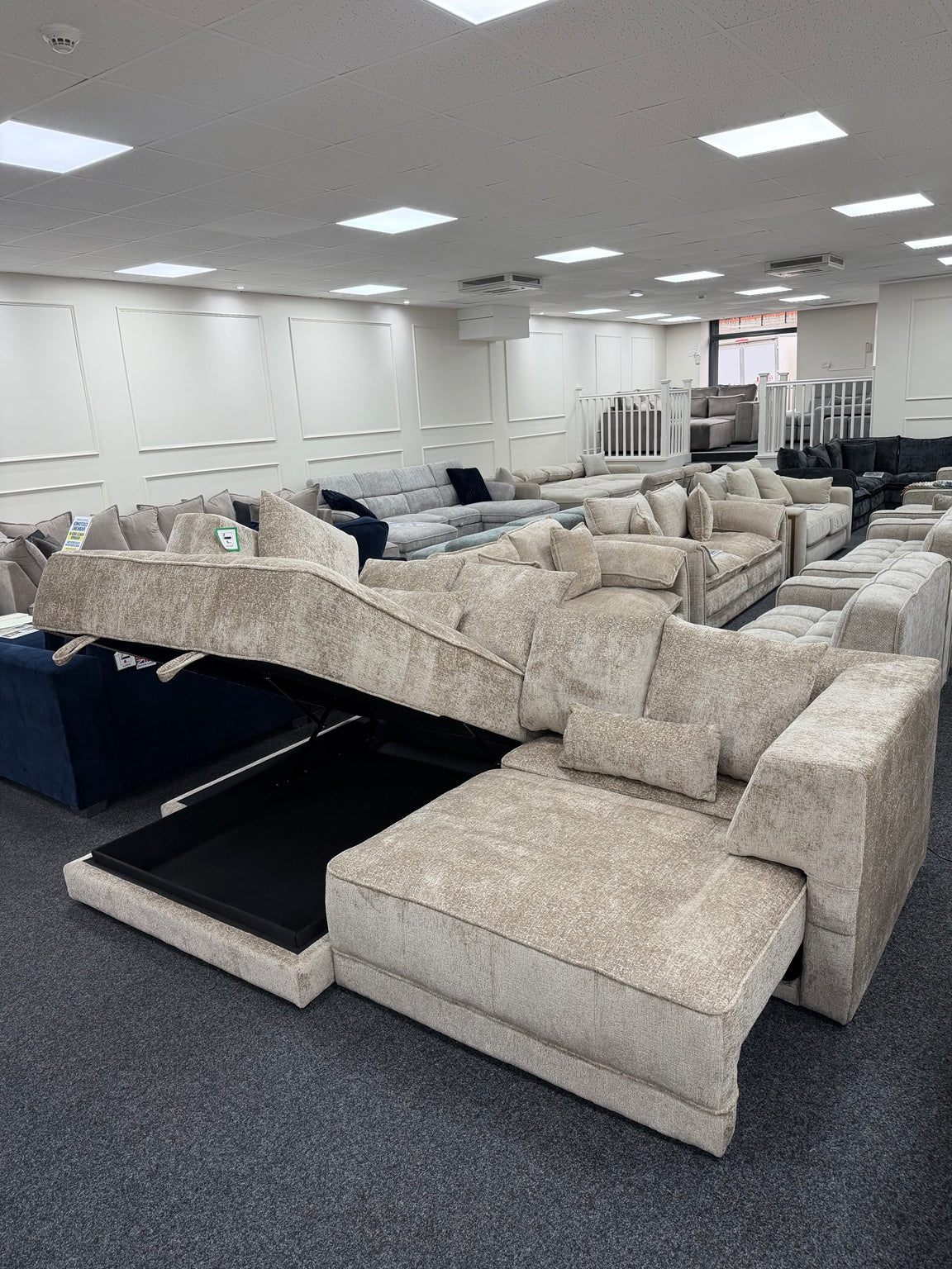 Brooklyn Light Beige left-hand electric storage sofa bed, storage open with electric seat extended