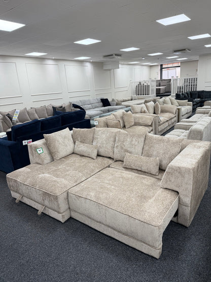 Brooklyn Light Beige left-hand electric storage sofa bed, electric seat extended and sleeping area