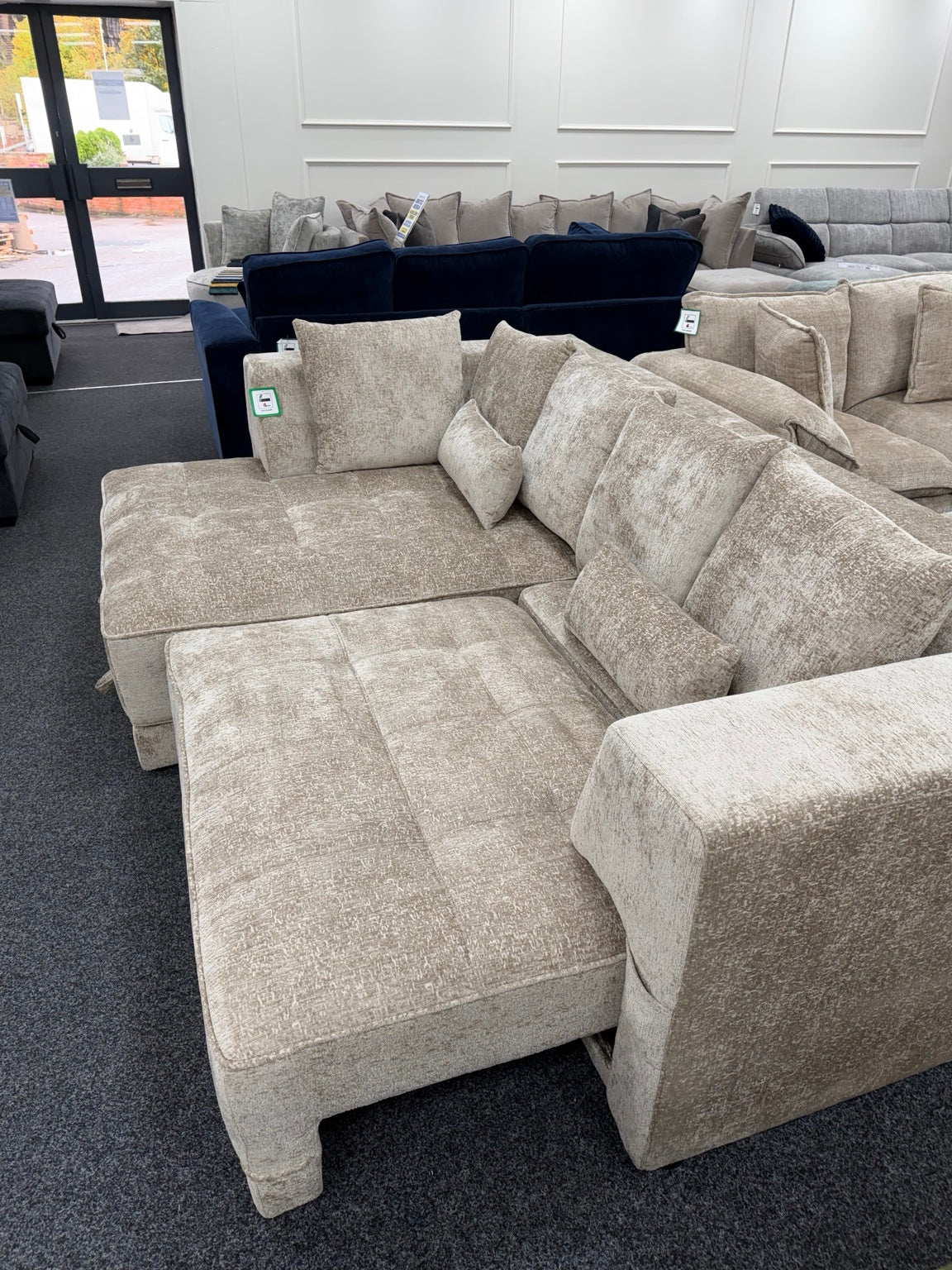 Brooklyn Light Beige left-hand electric storage sofa bed, extended seat side view