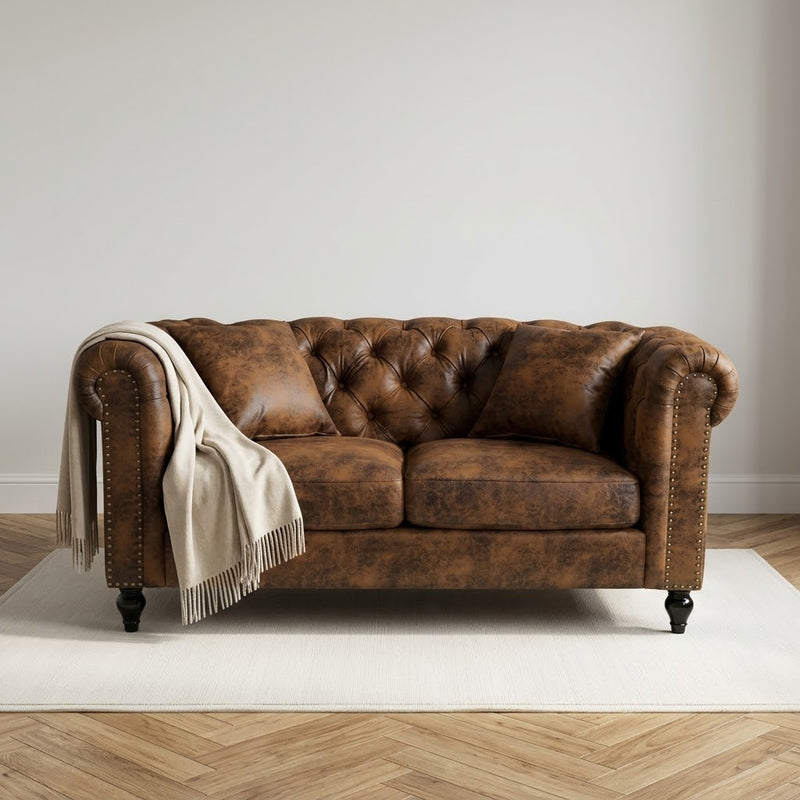 Camden 2 Seater Chesterfield Sofa With Wooden Feet - Brown Suede Leather