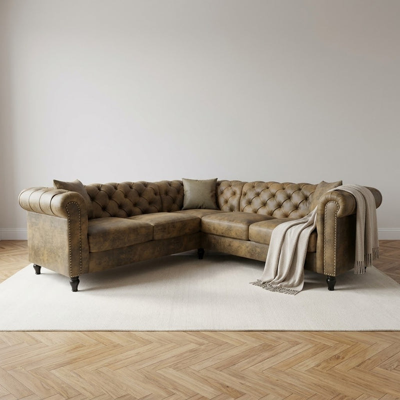 Camden Faux Leather Suede Brown 2C2 Chesterfield Corner Sofa With Wooden Feet