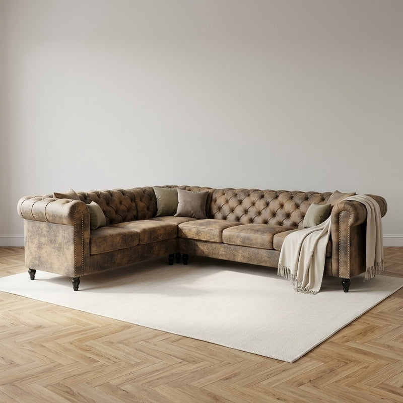 Camden Faux Leather Suede Brown 2C3 Chesterfield Corner Sofa With Wooden Feet