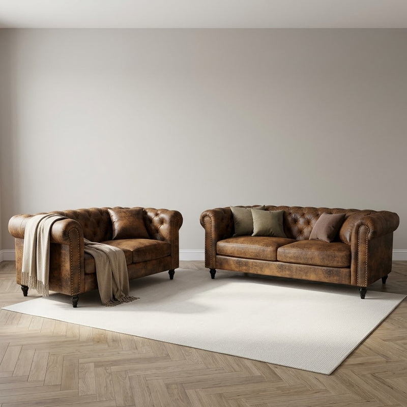 Camden 3+2 Seater Chesterfield Sofa Set With Wooden Feet - Brown Suede Leather