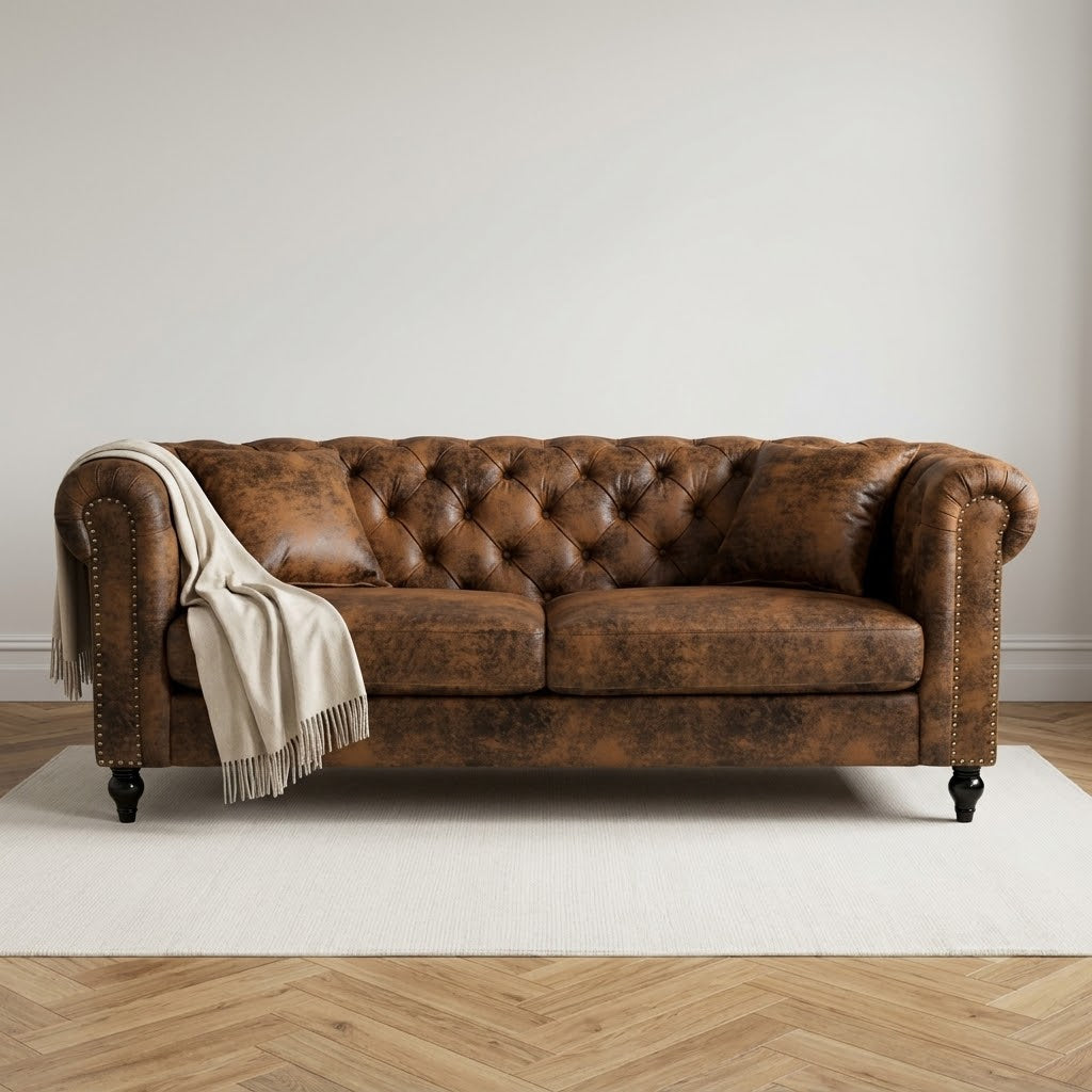 Camden 3 Seater Chesterfield Sofa With Wooden Feet - Brown Suede Leather