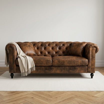 Camden 3 Seater Chesterfield Sofa With Wooden Feet - Brown Suede Leather