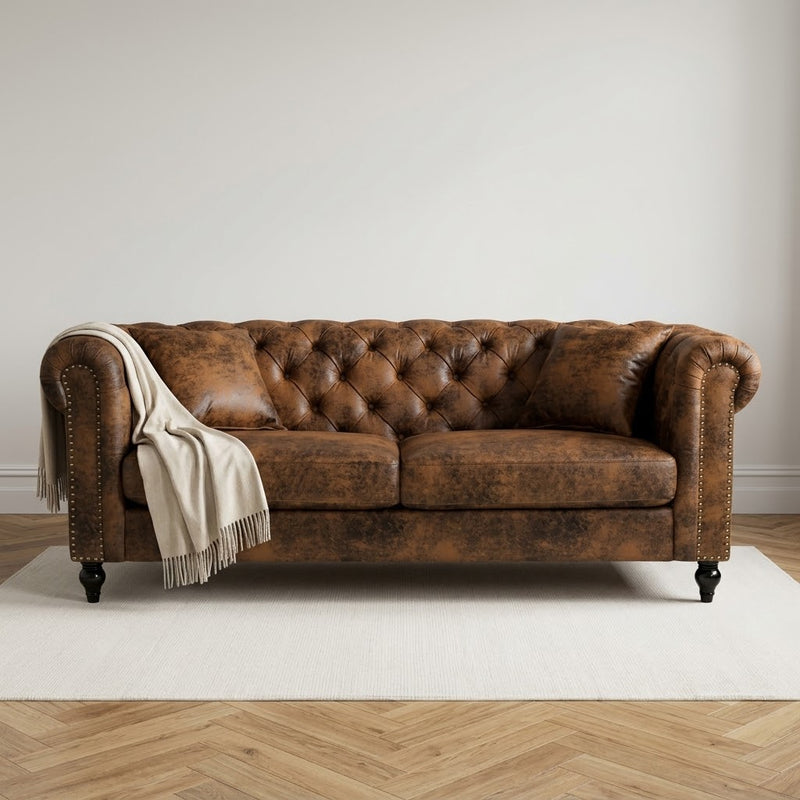 Camden 3 Seater Chesterfield Sofa With Wooden Feet - Brown Suede Leather
