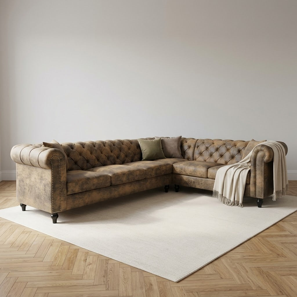 Camden Faux Leather Suede Brown 3C2 Chesterfield Corner Sofa With Wooden Feet