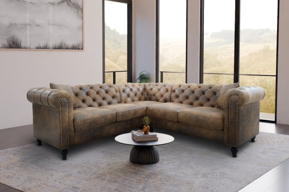 Camden Faux Leather Suede Brown 2C2 Chesterfield Corner Sofa With Wooden Feet