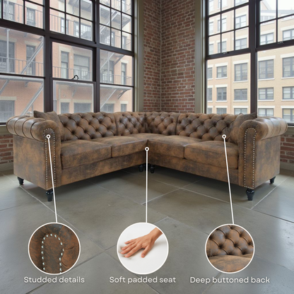 Camden Faux Leather Suede Brown 2C2 Chesterfield Corner Sofa With Wooden Feet
