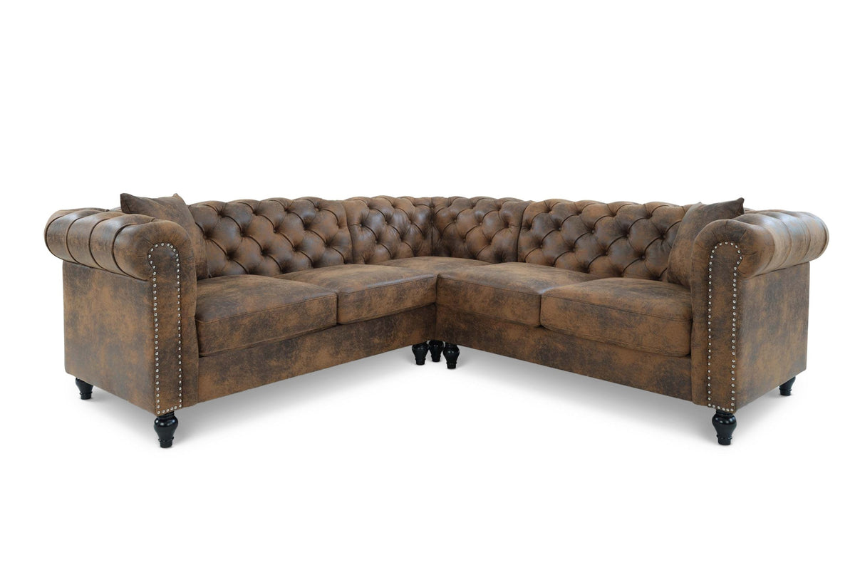 Camden Faux Leather Suede Brown 2C2 Chesterfield Corner Sofa With Wooden Feet