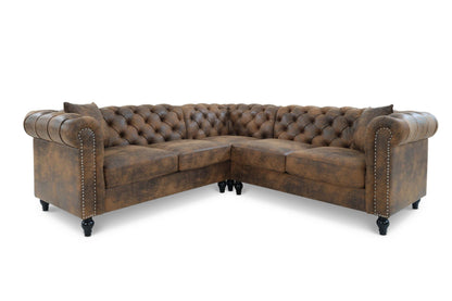 Camden Faux Leather Suede Brown 2C2 Chesterfield Corner Sofa With Wooden Feet