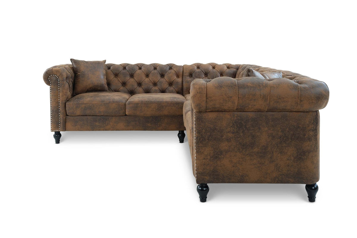 Camden Faux Leather Suede Brown 2C2 Chesterfield Corner Sofa With Wooden Feet