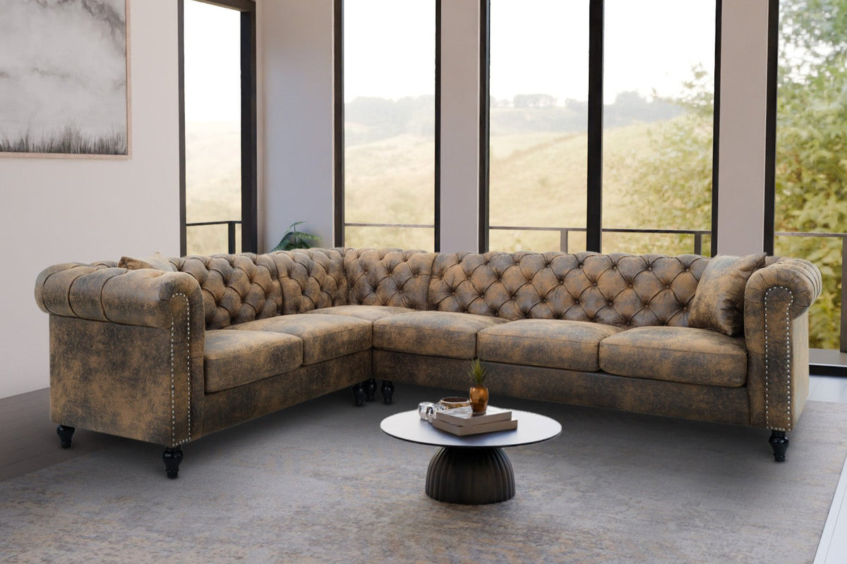 Camden Faux Leather Suede Brown 2C3 Chesterfield Corner Sofa With Wooden Feet