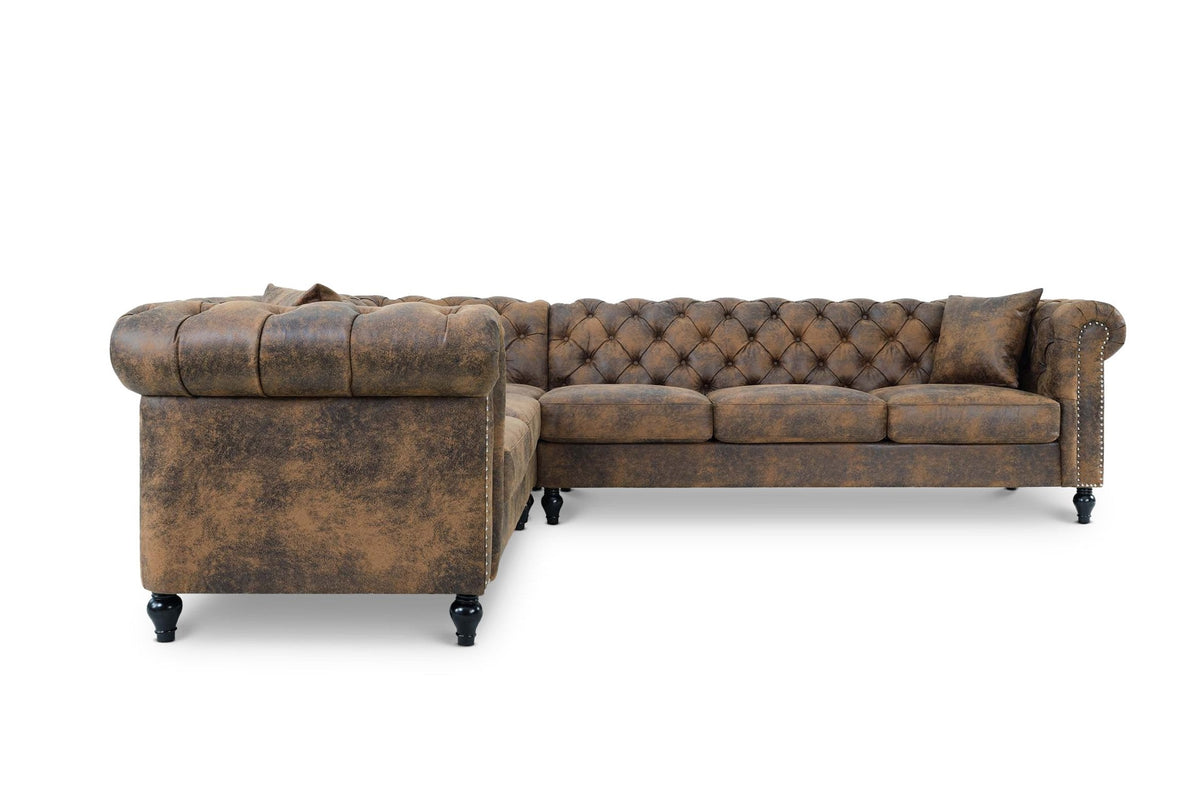 Camden Faux Leather Suede Brown 2C3 Chesterfield Corner Sofa With Wooden Feet