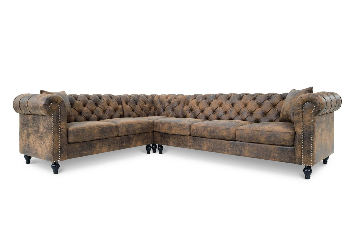 Camden Faux Leather Suede Brown 2C3 Chesterfield Corner Sofa With Wooden Feet