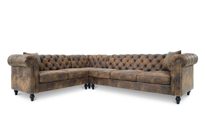 Camden Faux Leather Suede Brown 2C3 Chesterfield Corner Sofa With Wooden Feet