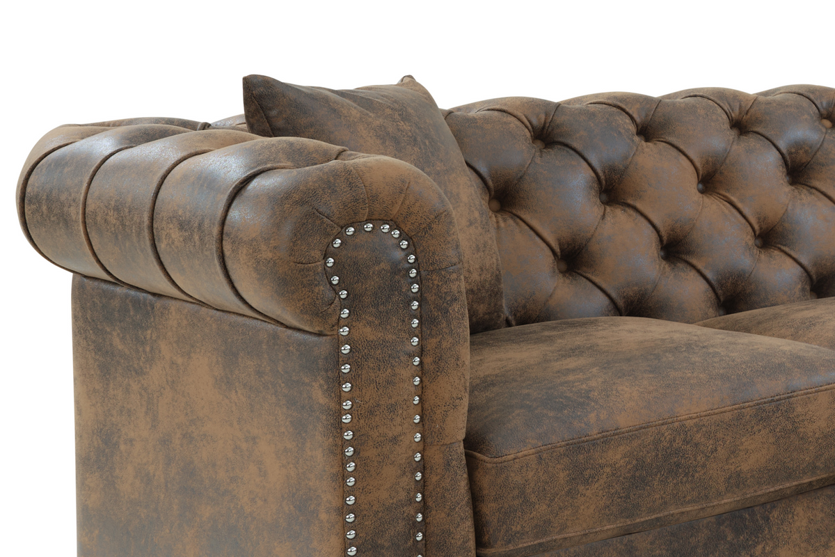 Camden Faux Leather Suede Brown 2C3 Chesterfield Corner Sofa With Wooden Feet