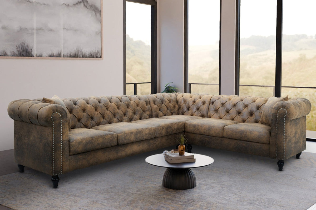 Camden Faux Leather Suede Brown 3C2 Chesterfield Corner Sofa With Wooden Feet