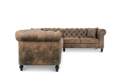 Camden Faux Leather Suede Brown 3C2 Chesterfield Corner Sofa With Wooden Feet