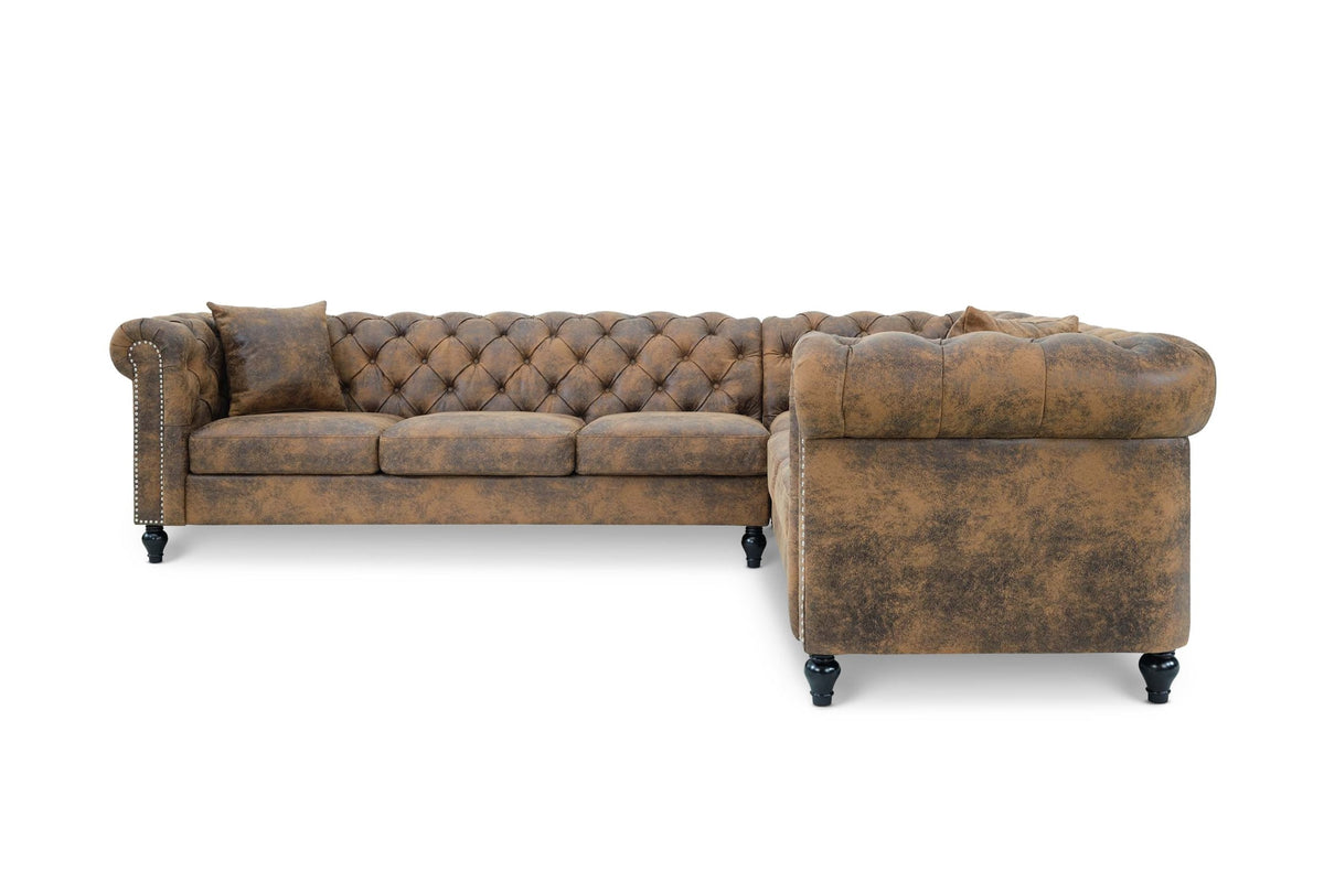 Camden Faux Leather Suede Brown 3C2 Chesterfield Corner Sofa With Wooden Feet