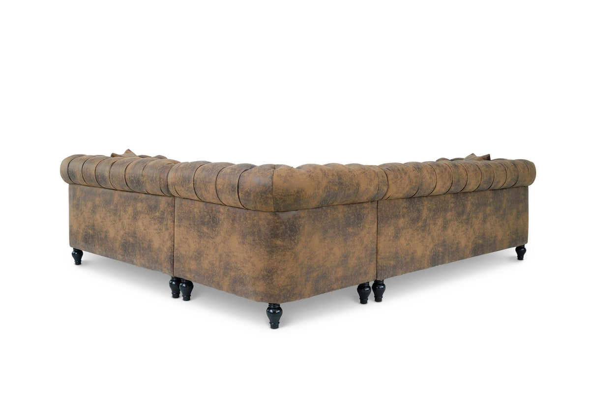 Camden Faux Leather Suede Brown 3C2 Chesterfield Corner Sofa With Wooden Feet