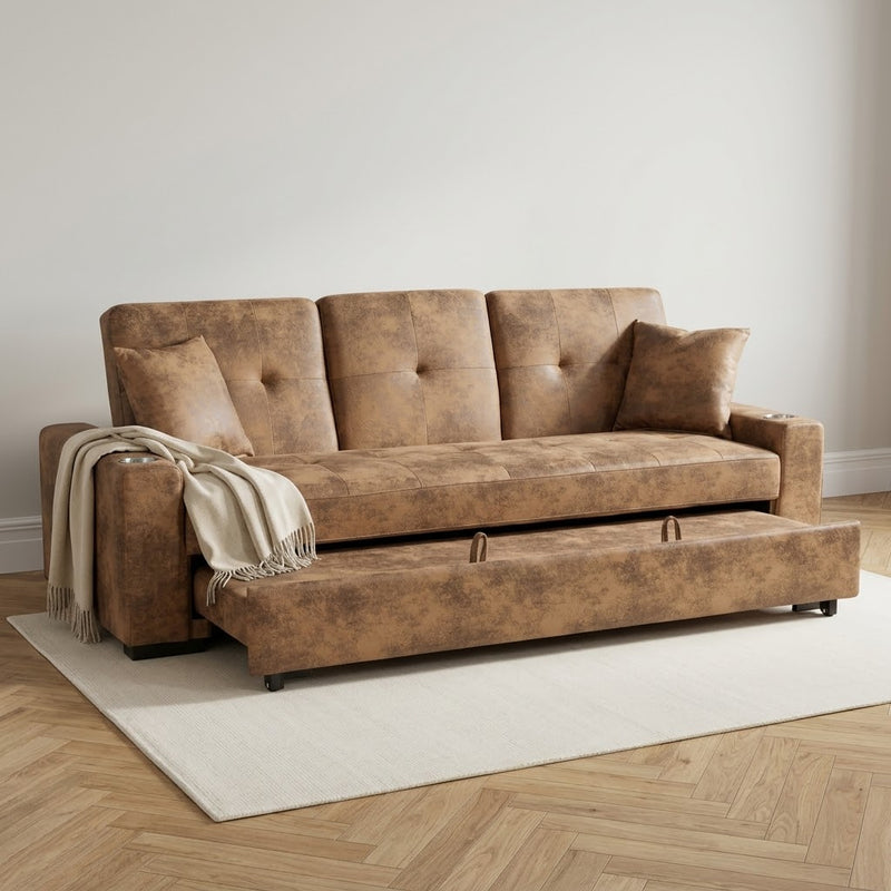 Charles 3 Seater Sofa Bed - Brown Suede Leather