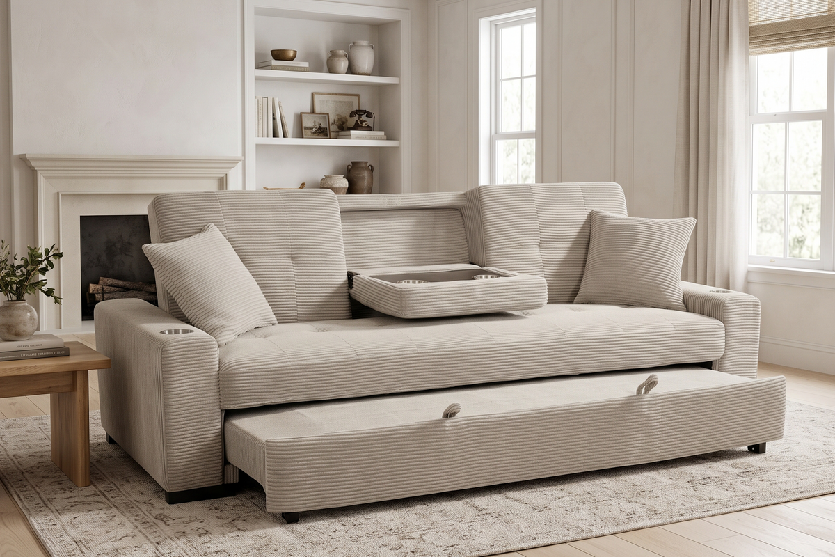 Charles 3 Seater Sofa Bed - Beige Jumbo Cord – gallery view 1