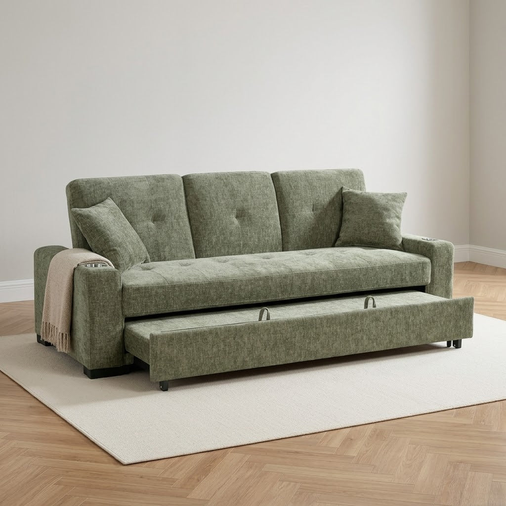 Charles Chenille 3 Seater Sofa Bed – Green in a neutral living room