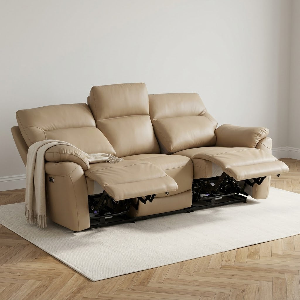 Cinecitta 3 Seater Electric Recliner Sofa - Beige Leather