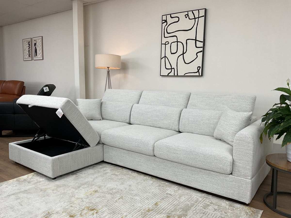 Dexter beige corner sofa with the chaise storage compartment open