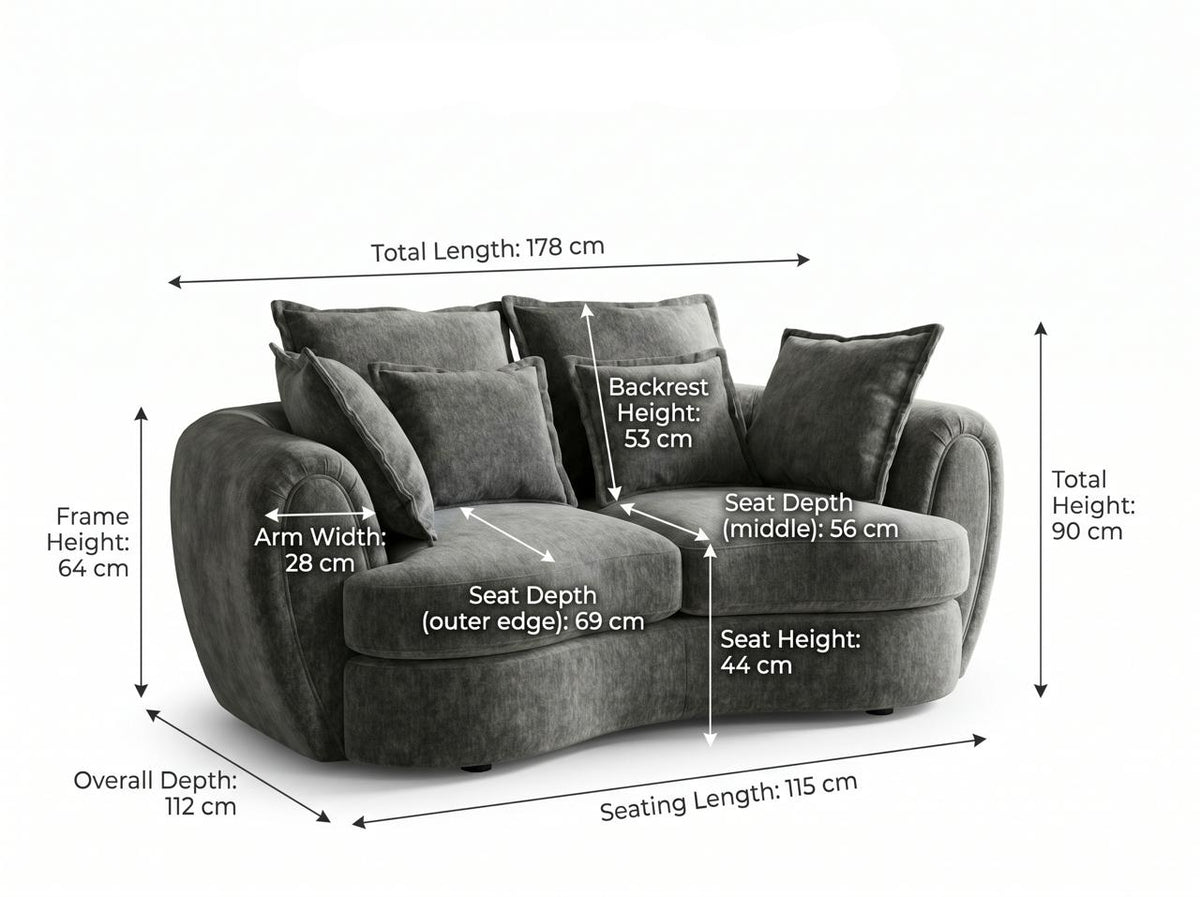 Dorchester 2 seater dimensions – 178 cm width × 112 cm depth × 90 cm height; applies to Charcoal and Silver