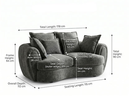 Dorchester 2 seater dimensions – 178 cm width × 112 cm depth × 90 cm height; applies to Charcoal and Silver