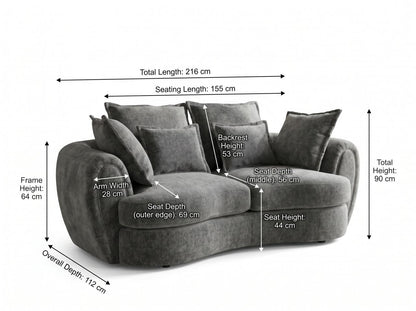 Dorchester 3 seater dimensions – 216 cm width × 112 cm depth × 90 cm height; applies to Charcoal and Silver