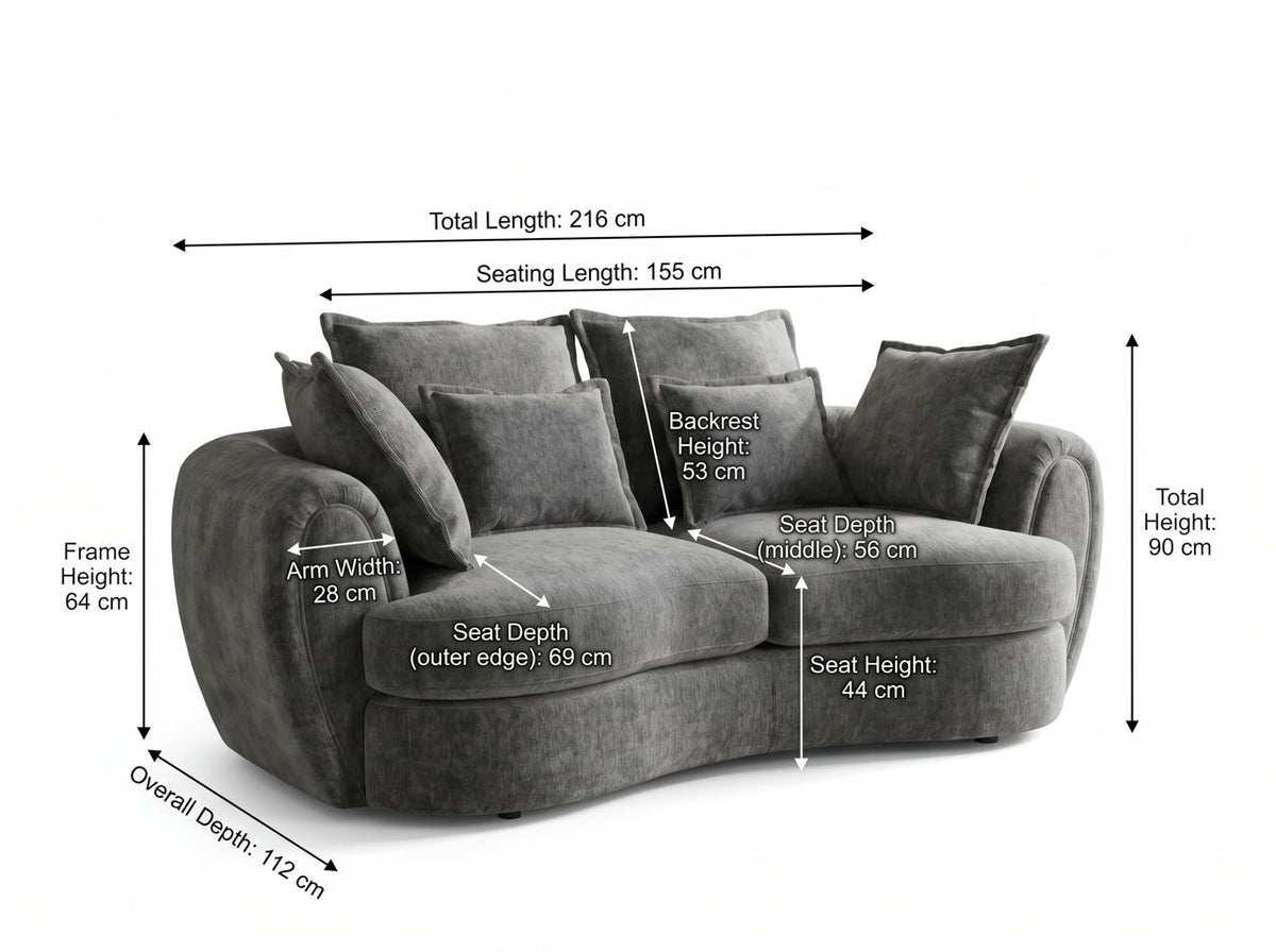 Dorchester 3 seater dimensions – 216 cm width × 112 cm depth × 90 cm height; applies to Charcoal and Silver