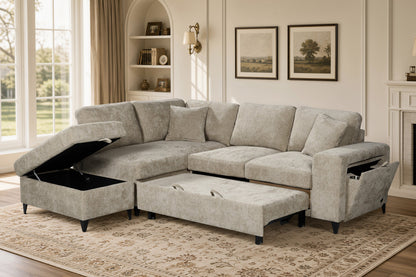 Elara Beige Chenille 1C2 Left Hand Corner Sofa Bed with Storage — lifestyle view with bed and storage open