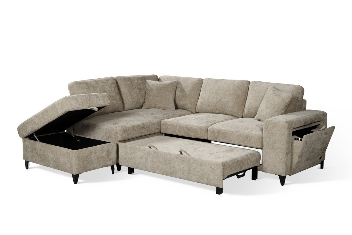 Elara Beige Chenille 1C2 Left Hand Corner Sofa Bed with Storage — pull-out bed and chaise storage open