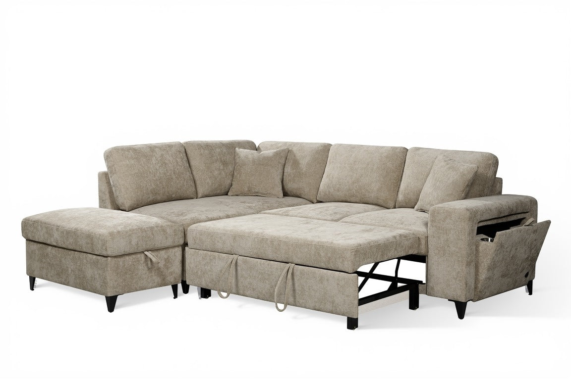 Elara Beige Chenille 1C2 Left Hand Corner Sofa Bed with Storage — pull-out bed opening