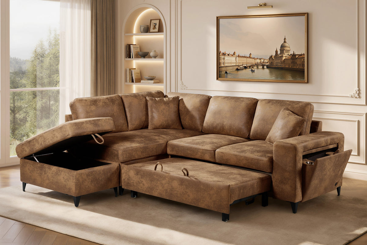 Elara Brown Faux Leather Suede 1C2 Left Hand Corner Sofa Bed with Storage – main view