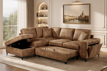 Elara Brown Faux Leather Suede 1C2 Left Hand Corner Sofa Bed with Storage – main view