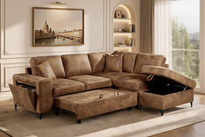 Elara Brown Faux Leather Suede 2C1 Right Hand Corner Sofa Bed with Storage – main view