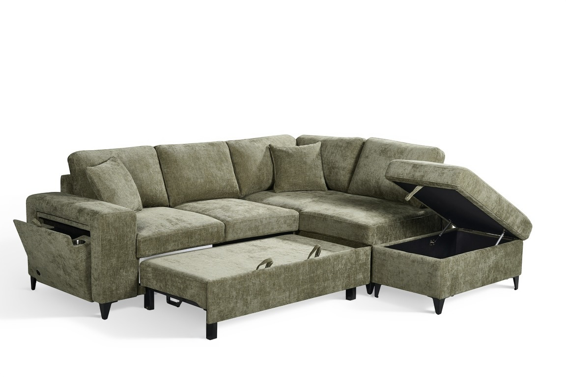 Elara Green Chenille 2C1 Right Hand Corner Sofa Bed with Storage – view 2