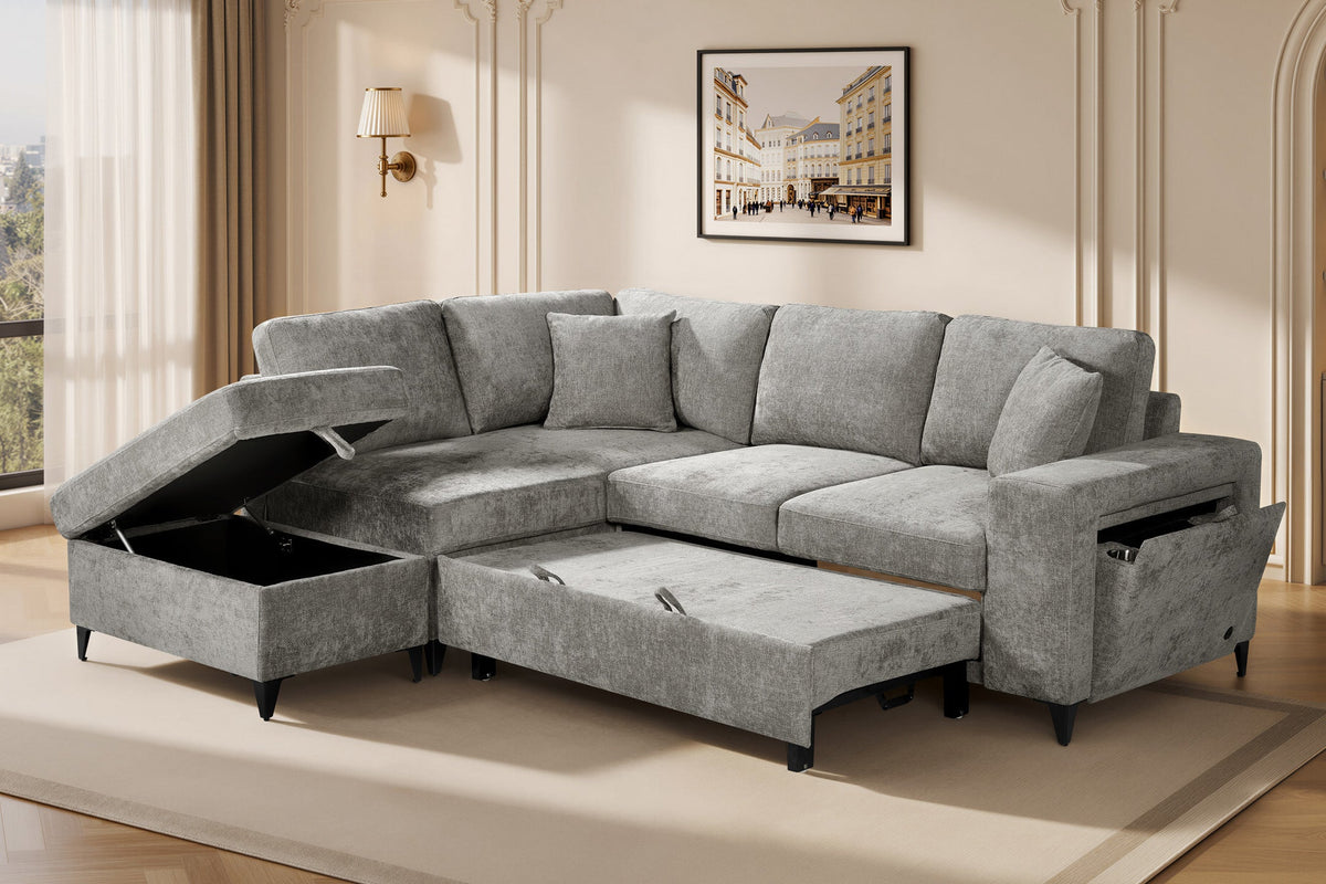 Elara Grey Chenille 1C2 Left Hand Corner Sofa Bed with Storage – main view