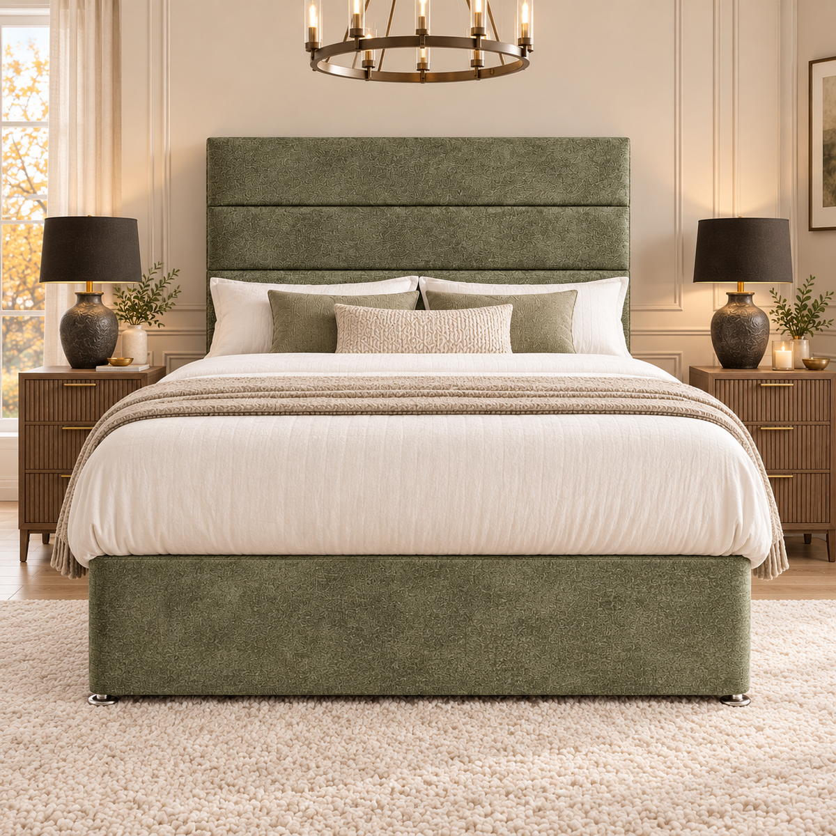 Estelle divan bed in muted olive green textured Coniston upholstery, front view