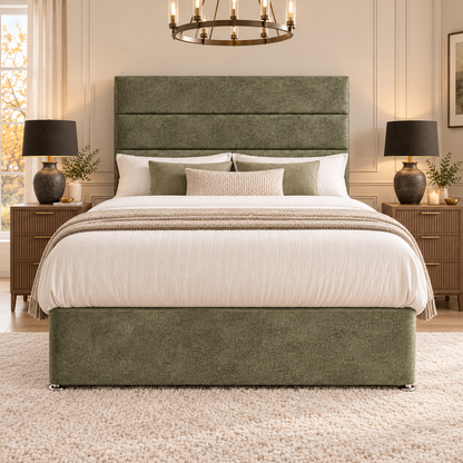 Estelle divan bed in muted olive green textured Coniston upholstery, front view