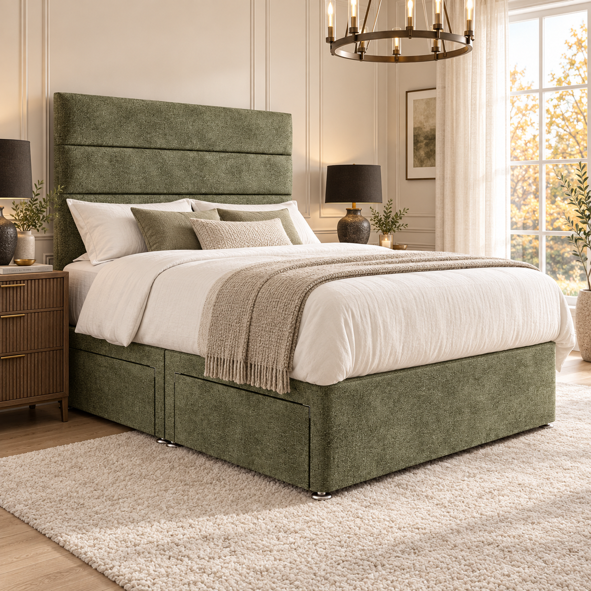 Estelle divan bed in muted olive green textured Coniston upholstery, three-quarter view