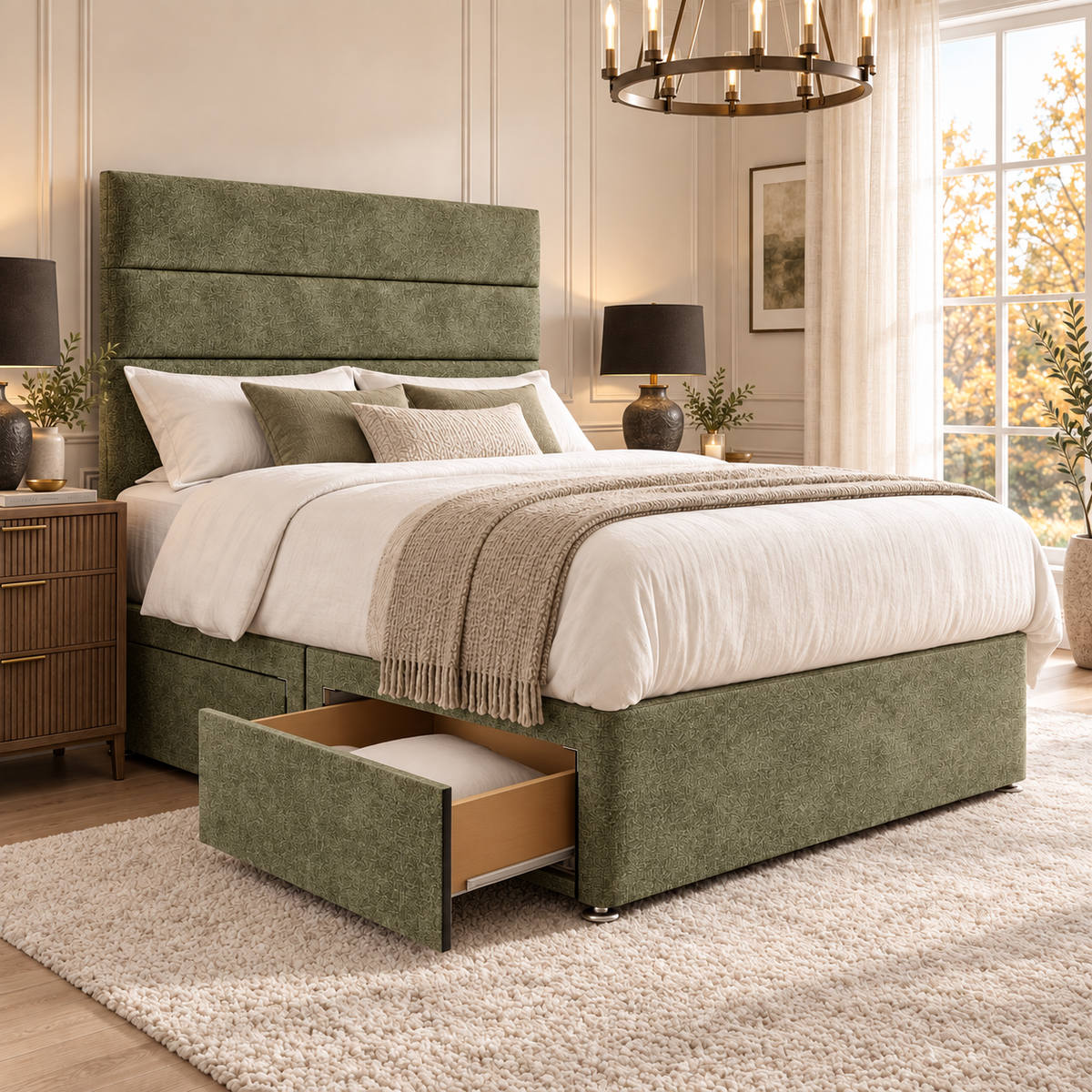 Estelle divan bed in muted olive green textured Coniston upholstery, side view with optional drawer storage open