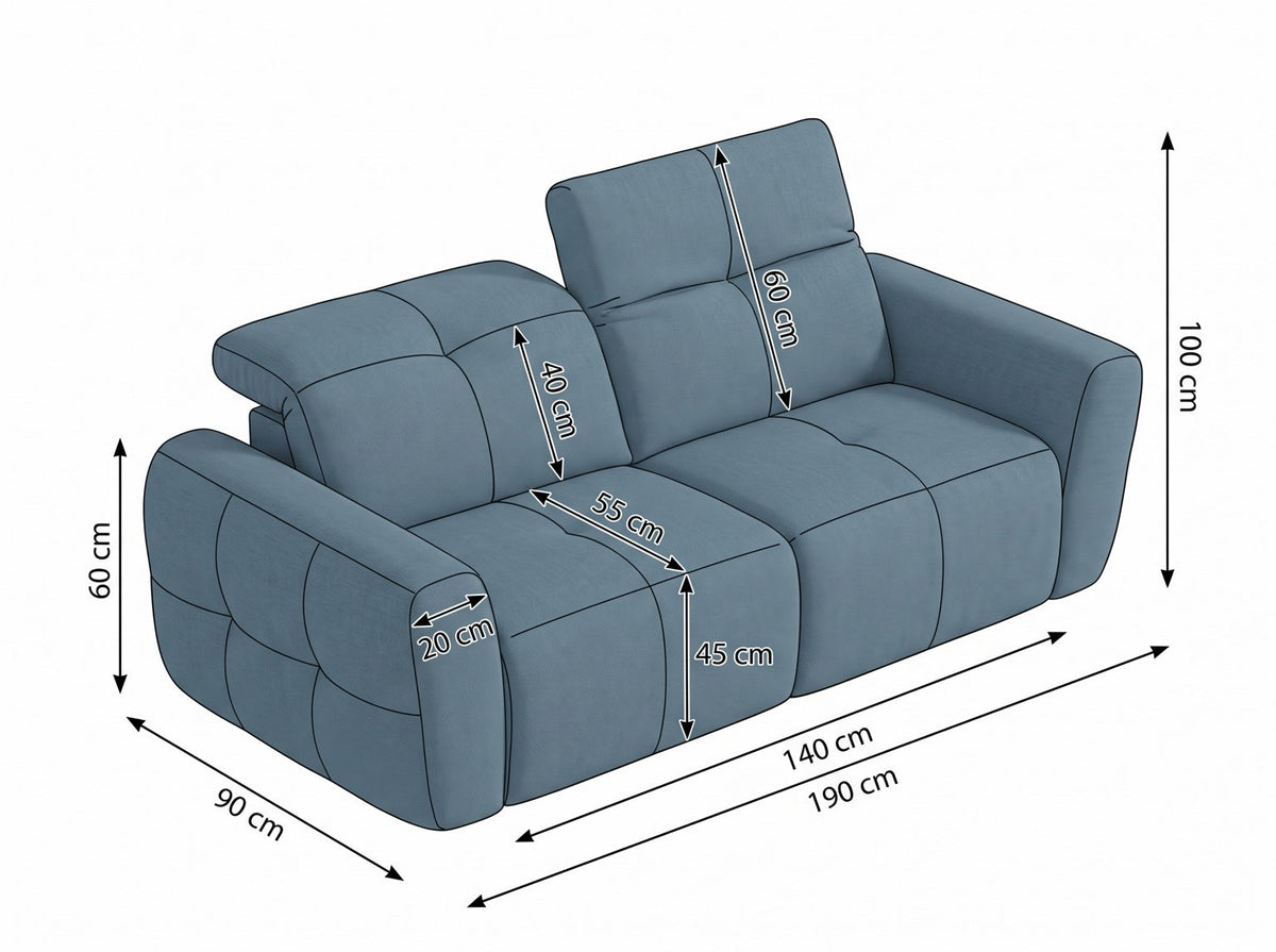 Faringdon 2 seater sofa dimensions: 190 cm width, 90 cm depth, 100 cm height with headrest raised – Grey and Beige
